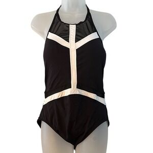 Anne Cole Estilo High Neck One Piece Swimsuit Sz 12 Black with White Trim Mesh